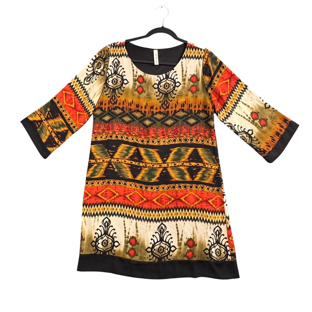 Y2K Boho Tribal Shift Dress Multicolor Indie Festival 3/4 Sleeve M